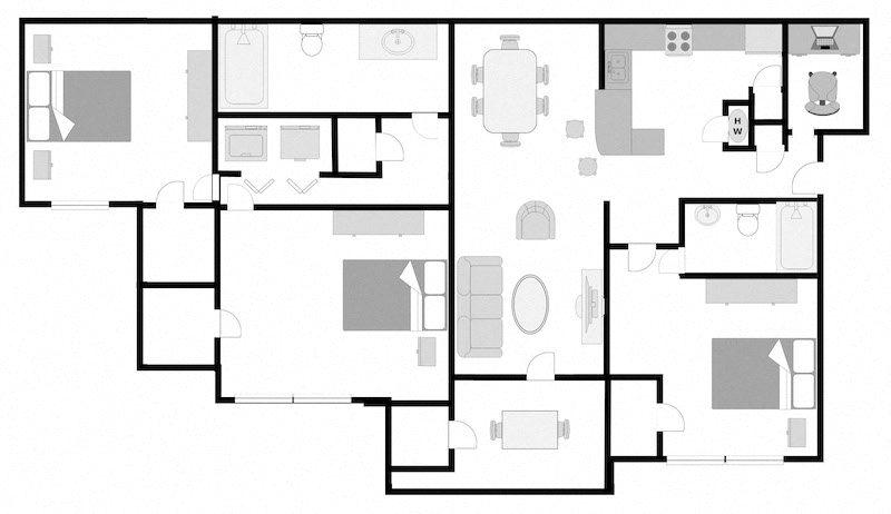 Floor plan for 3 beds, 2 baths, 1384 sqft